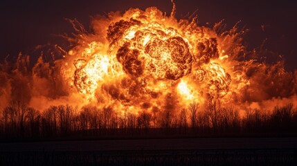 Poster - massive explosion with fiery mushroom cloud at dusk