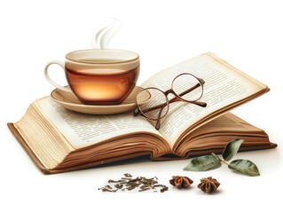 A reading desk with an open book, glasses, and a cup of tea isolated on white