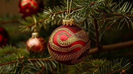 Elegant red and gold christmas ornament hanging from pine tree branch. intricate design and festive colors add touch of holiday cheer to any seasonal decor or celebration.