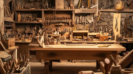 Poster - A well-organized carpentry workshop filled with tools, Workbench and woodworking tools neatly set, Industrial rustic style