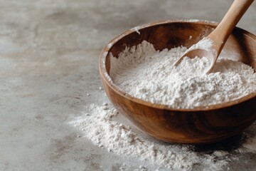 Wall Mural - Wooden bowl overflowing with white flour on gray background