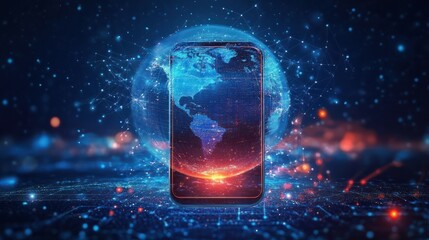 Poster - Mobile global internet communications. World wide web on phone via wireless satellite network technology. Smartphone digital connection at clouds services of all earth. Holographic abstract interface