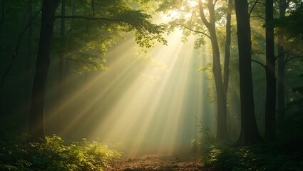 Tranquil forest scene with sun rays filtering through canopy illuminating dust particles in air