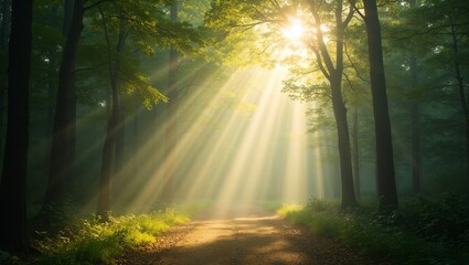 tranquil forest scene with sun rays filtering through canopy illuminating dust particles in air