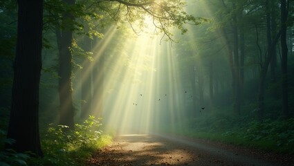 Wall Mural - tranquil forest scene with sun rays filtering through canopy illuminating dust particles in air
