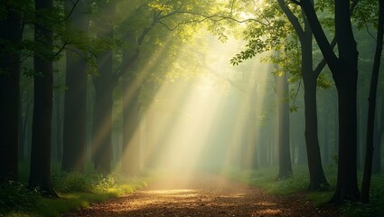 Wall Mural - tranquil forest scene with sun rays filtering through canopy illuminating dust particles in air