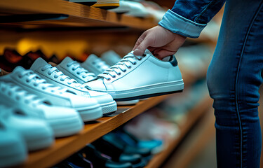 Person selecting white sneakers in a store