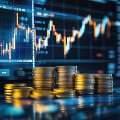 Poster - View of a computer screen displaying stock exchange graph and chart representing increased and decreased price in the stock market with stack of coins. Generative AI.