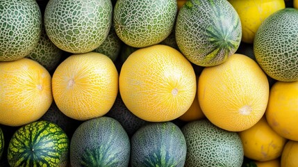 Wall Mural - A close-up shot of a variety of melons arranged in a display.