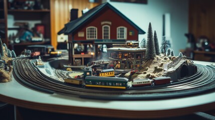 Poster - A well-organized model train setup in a basement, Train tracks and miniature scenery perfectly arranged, Vintage hobbyist style