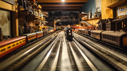 Poster - A well-organized model train setup in a basement, Train tracks and miniature scenery perfectly arranged, Vintage hobbyist style