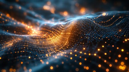 Poster - Blue Microcosm: A 3D Rendering of Glowing Particles in a Sci-Fi Grid