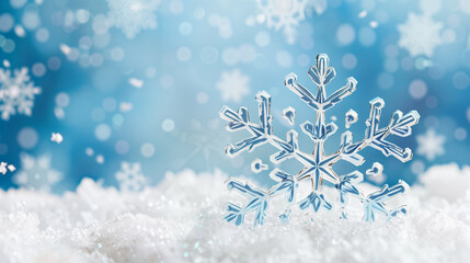 Poster - Snowflake on Soft Snow in Winter Landscape with Bokeh Background