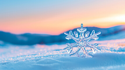 Poster - Snowflake resting on winter landscape at sunset creating a serene winter atmosphere