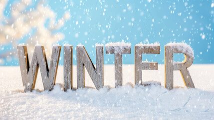 Poster - Winter sign in snow with snowfall background capturing the essence of winter season