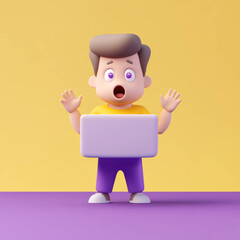 Aufkleber - surprised character with laptop expresses shock and curiosity in vibrant, colorful setting. This 3D illustration captures playful and engaging moment