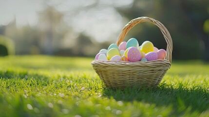 Colorful Easter Eggs in a Basket Resting on a Sunny Green Field Generative AI