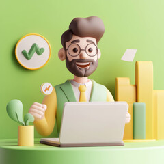 Poster - cheerful character with glasses and beard is working on laptop in vibrant green setting, surrounded by charts and plant, conveying sense of productivity and positivity