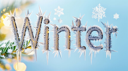 Poster - Winter frost with snowflakes and winter decorations on a blurred background