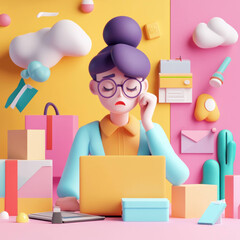 Aufkleber - colorful 3D illustration of woman working at laptop, surrounded by various playful geometric shapes and office items, conveying sense of frustration and focus