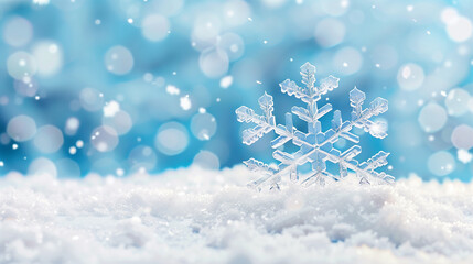 Poster - Snowflake on snow in winter landscape with blue background creating a serene and magical winter atmosphere