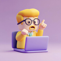 Aufkleber - 3D illustration of surprised character with glasses, sitting at laptop, expressing shock or concern. character has yellow hairstyle and is wearing yellow sweater