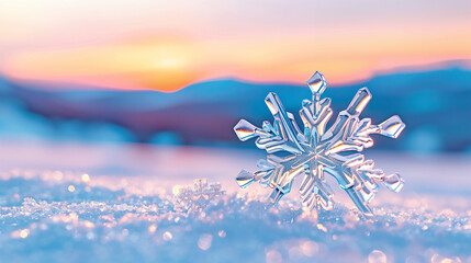 Poster - Snowflake on snow with nature background showing winter beauty and crystal detail in soft colors