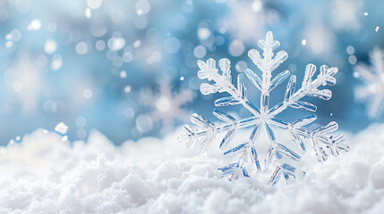 Poster - Snowflake in winter landscape with blurred background and sparkling bokeh effects for seasonal decoration