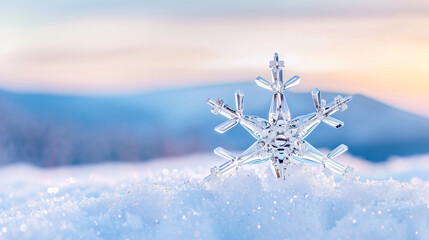 Poster - Snowflake in winter landscape with sparkling snow and soft pastel background