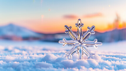 Poster - Snowflake on snow in winter landscape with sunset background capturing serene beauty and seasonal essence