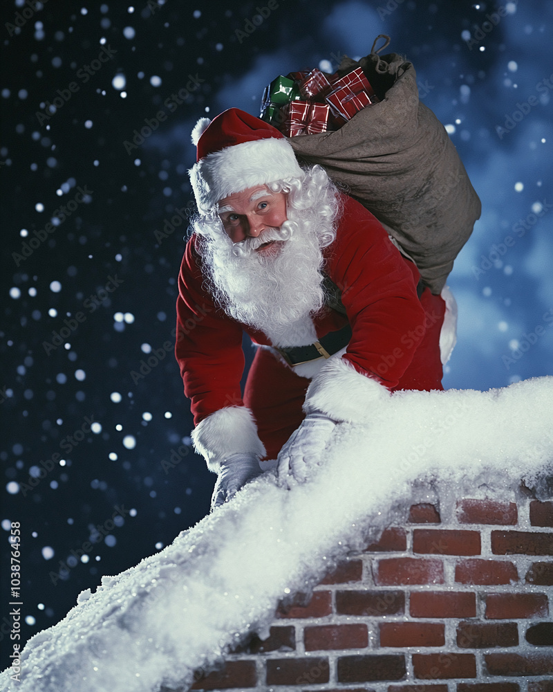 Santa Claus climbs onto a snowy roof, carrying a bag full of gifts ...