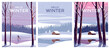 © alaver - Vector Set of 3 winter season landscapes. Snow covered trees in the first plan and house on the edge of the forest under the snow in the background. Trendy handmade drawing vector illustration.