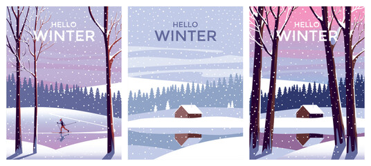 vector set of 3 winter season landscapes. snow covered trees in the first plan and house on the edge