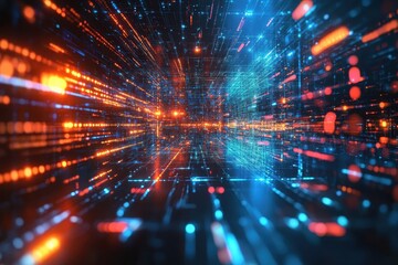 Poster - Vibrant digital landscape with glowing lines and particles in abstract space