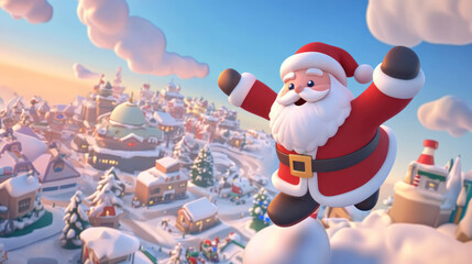 joyful Santa Claus flying over snowy town, surrounded by fluffy clouds and festive buildings, captures magic of holiday season