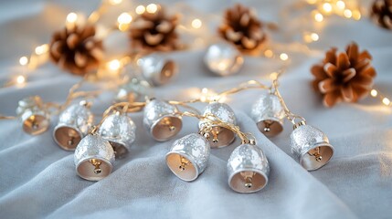 Miniature pinecones with silver bells, isolated on a light gray fabric, with decorative gold ribbon and a small string of fairy lights