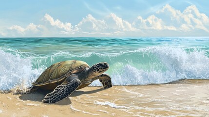 Poster - Sea Turtle Approaching Shore with Gentle Waves