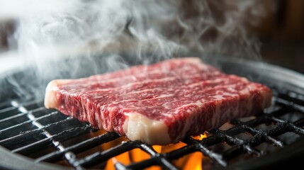 Wagyu beef steak sizzling on a hot grill, with melting fat creating smoke