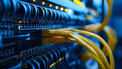 an up-close view of network cables and displays in a data center
