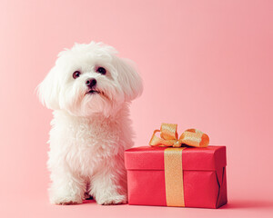 Wall Mural - A white dog is sitting next to a red box with a gold ribbon