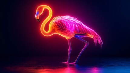 Colorful Neon Flamingo with glowing feathers standing majestically in the dark background