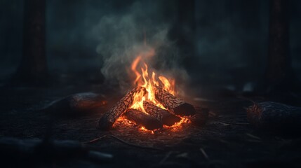 Poster - Warm Campfire Flames in Dark Forest Setting