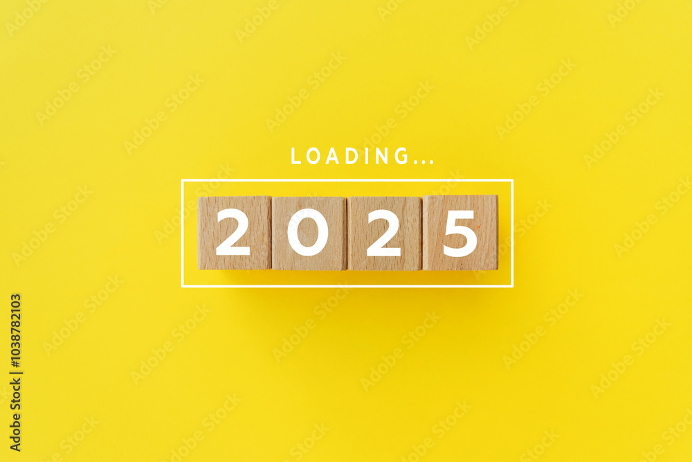 2025 New Year Loading. Loading bar with wooden blocks 2025 on yellow ...