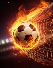 close-up art Soccer ball on fire speed hitting the back of the net, symbolizing energy power