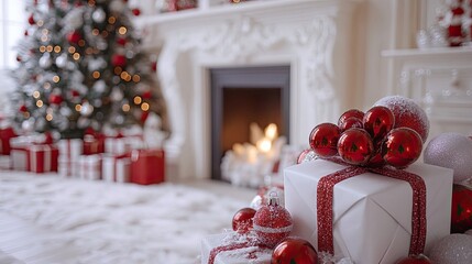 Cozy Christmas With Gifts by a Tree and Fireplace Generative AI