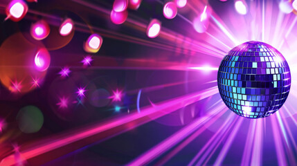 Wall Mural - Disco ball reflecting neon lights creates vibrant party atmosphere, background