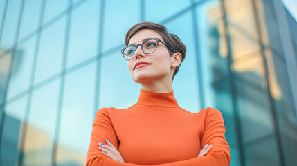 Sticker - A woman in an orange shirt stands in front of a building with her arms crossed