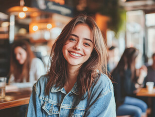 Wall Mural - A woman in a blue jacket is smiling at the camera