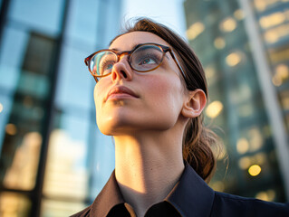 Sticker - A woman wearing glasses and a black shirt is looking up at the sky