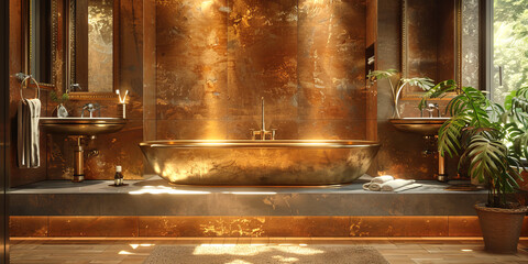 Wall Mural - Luxurious bathroom with bronze accents, a freestanding metallic bathtub, soft lighting, and indoor plants.